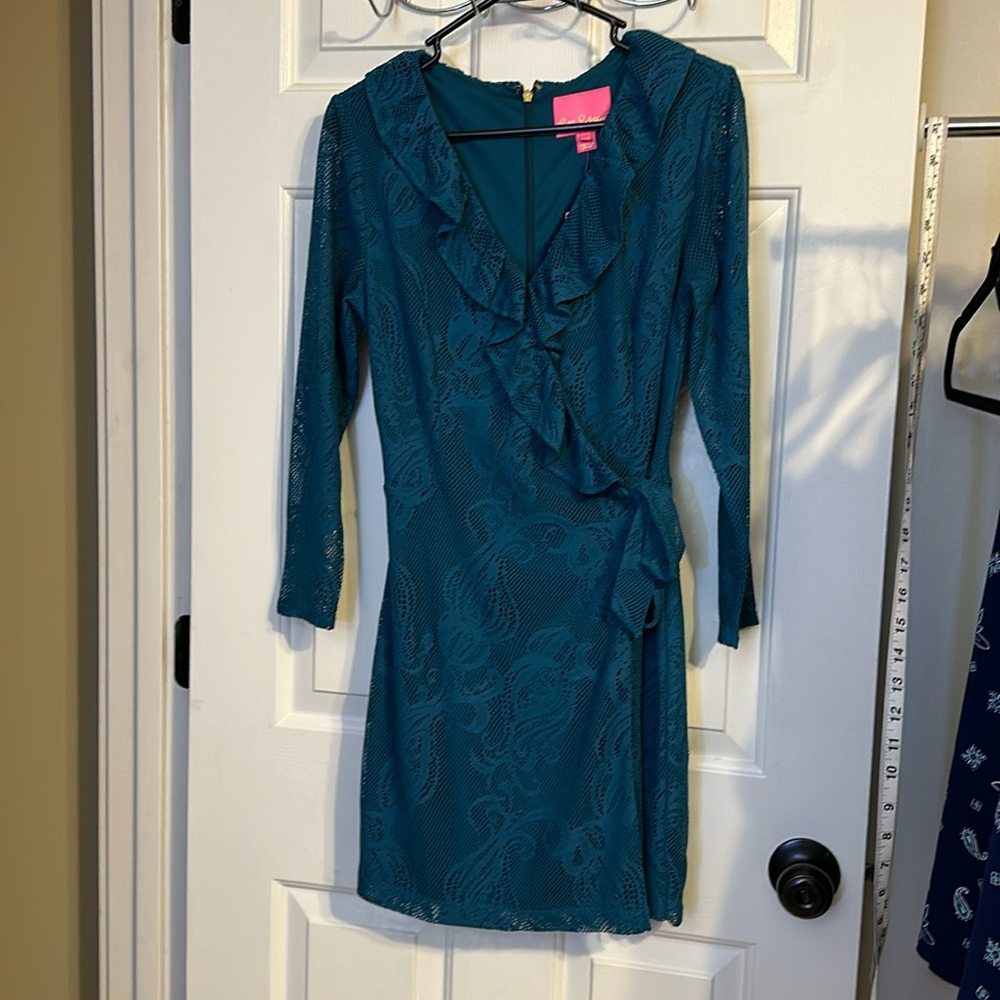NWT Lily Pulitzer Teal Lace Wrap Dress with built in shorts. Size Medium. - Picture 3 of 11